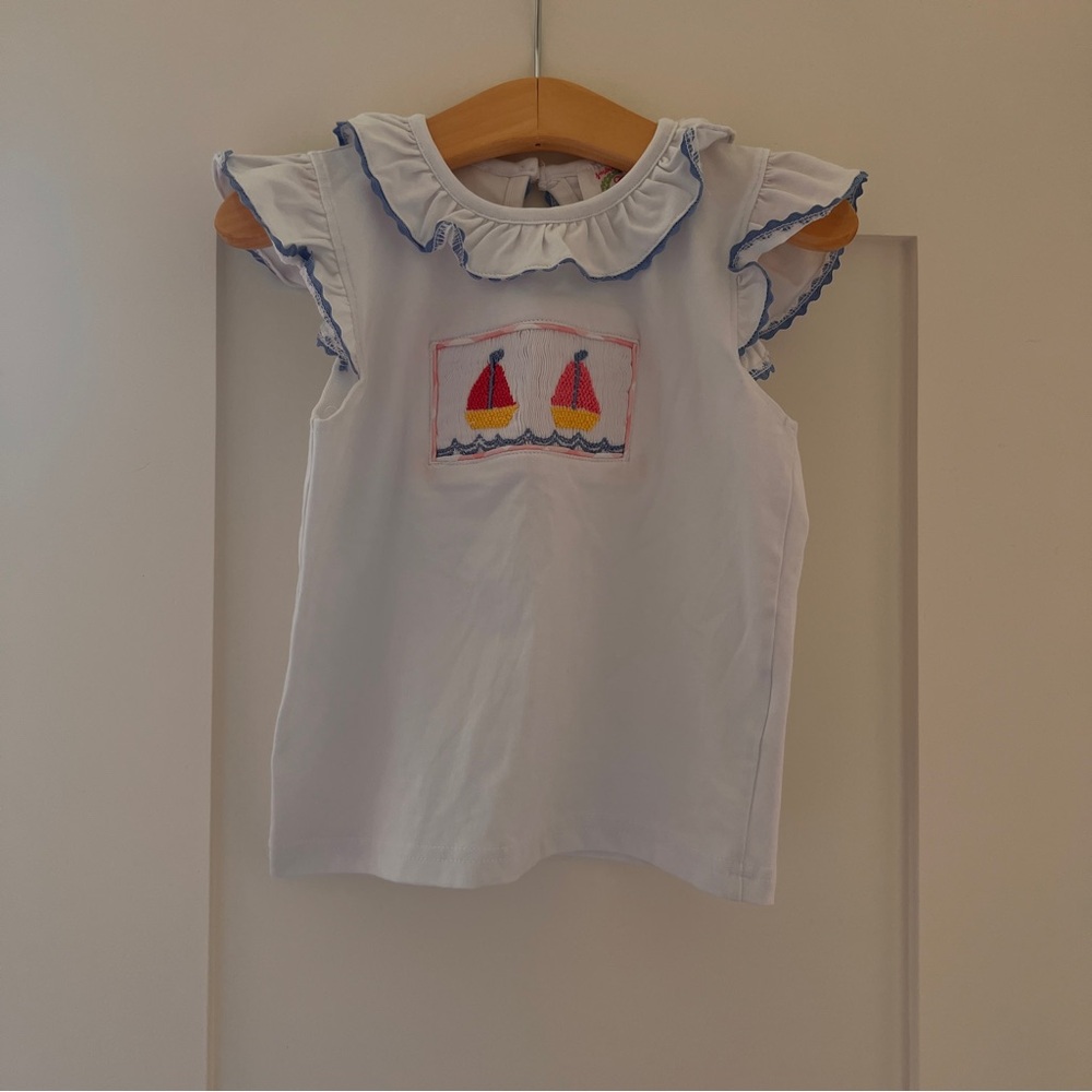 Cecil and Lou Sailboat White Ruffled Girls Top 24 months